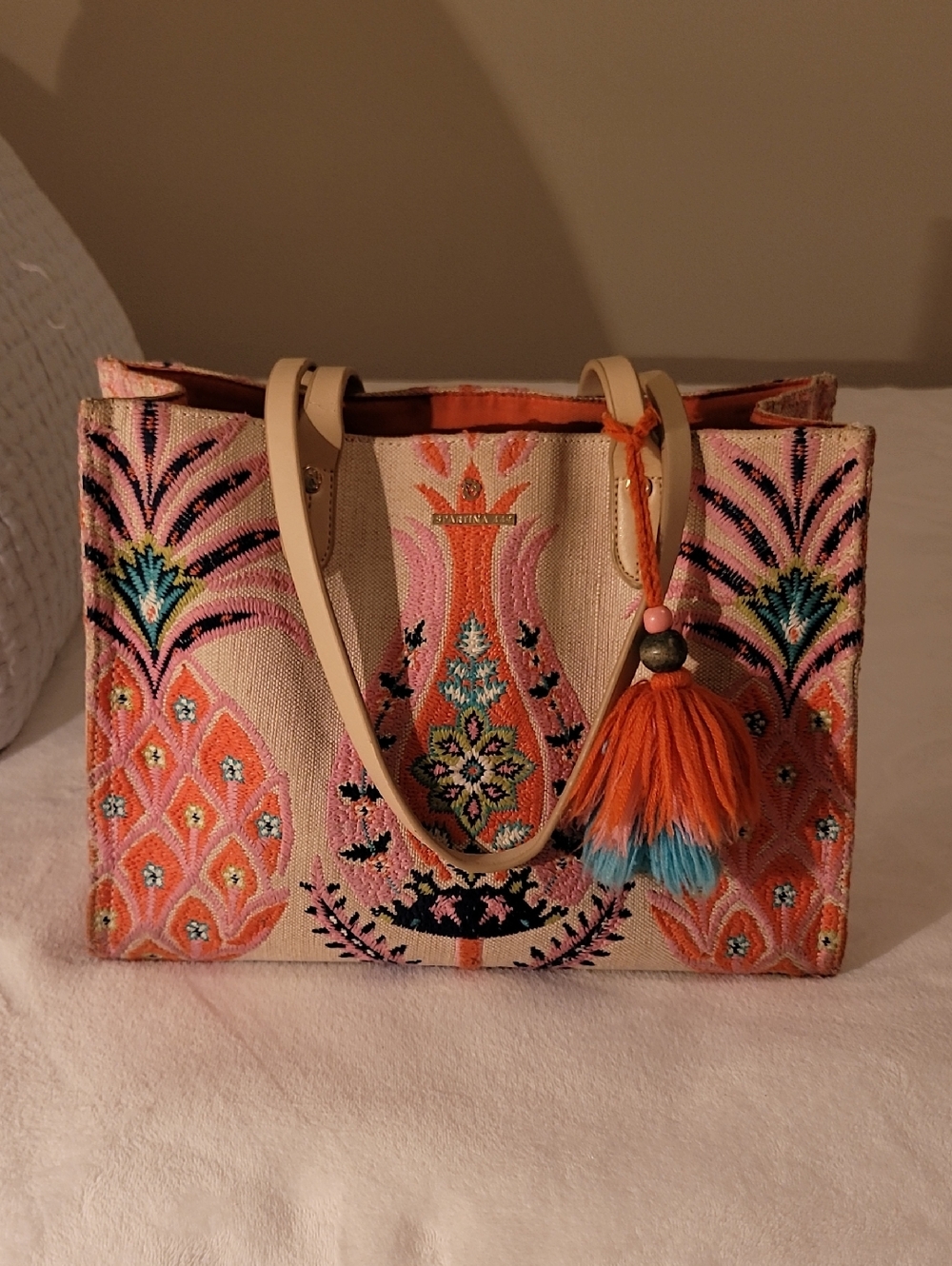 Spartina 449 Embroidered Tote in Pink, Orange & Blue
